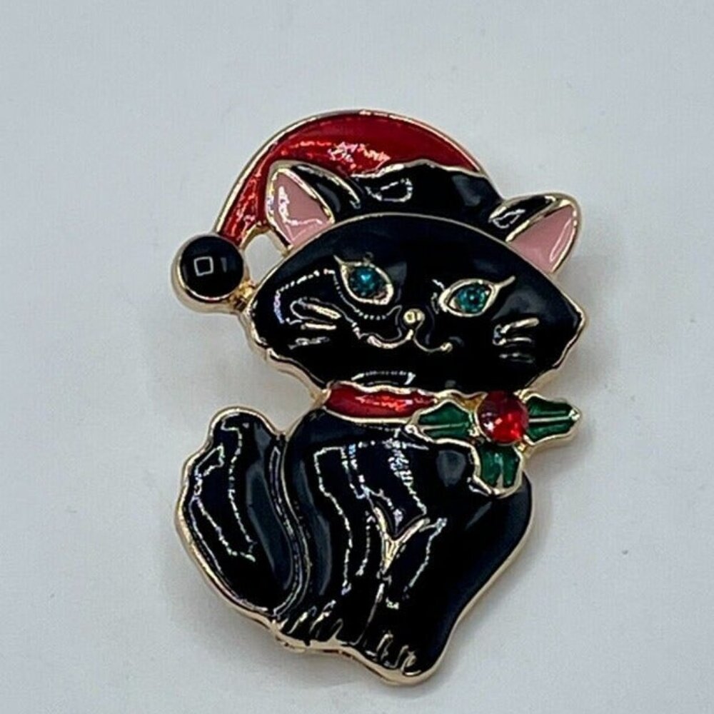 Christmas Cat Santa Claus Brooch Holiday Kitten Pin with Santa Hat & Rhinestones